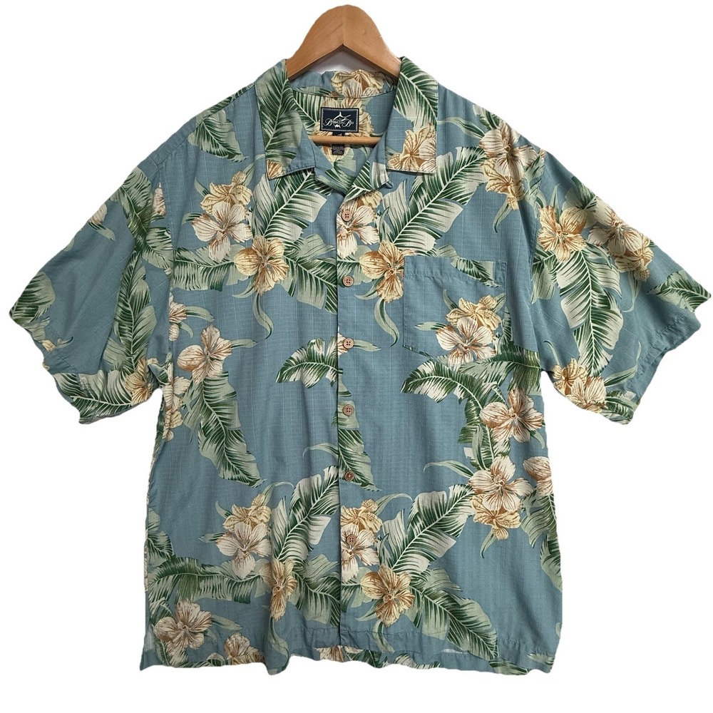 Bermuda Bay Silk Hawaiian Shirt XL Blue Floral Tropical Camp Aloha Mens
